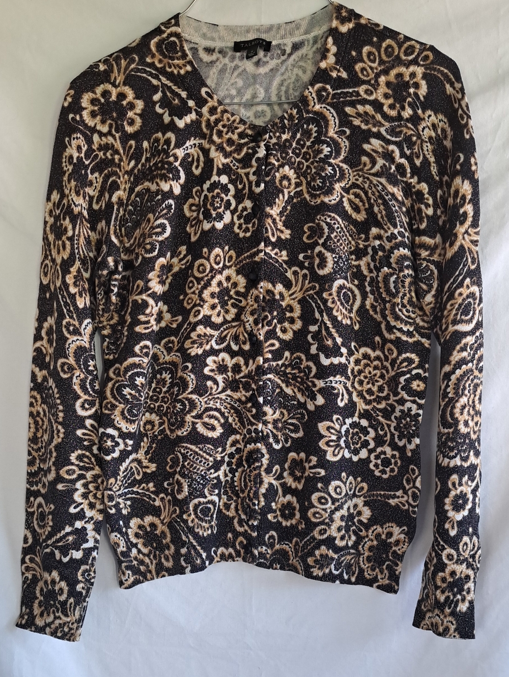 Talbots Black and Cream Floral V-Neck Sweater